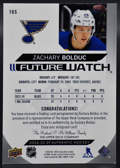 2024-25 SP Authentic Zachary Bolduc 105 St. Louis Blues RC Auto 710/999