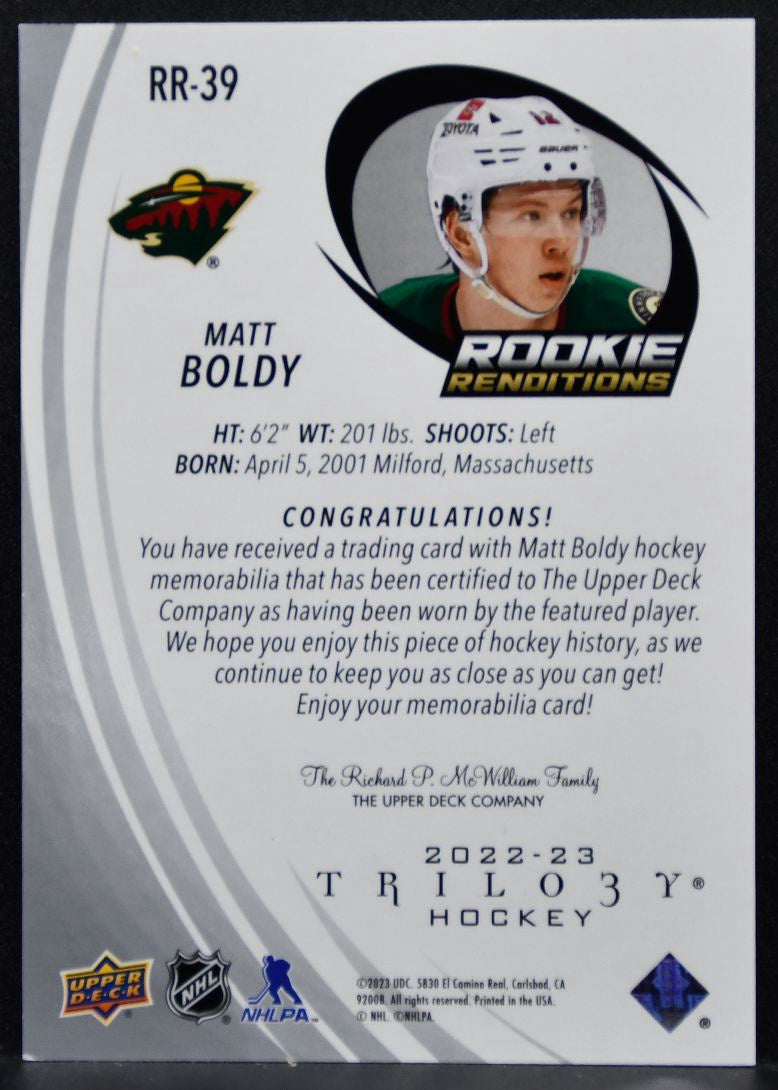 2022-23 Upper Deck Trilogy Rookie Renditions Matt Boldy Wild RC Jersey 7805
