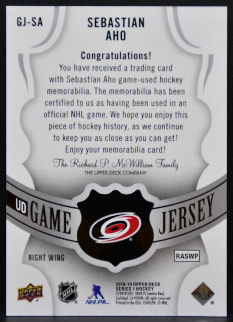 2018-19 Upper Deck Series 1 UD Game Jersey Sebastian Aho Hurricanes Jersey 5418