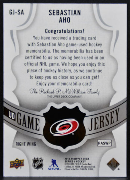 2018-19 Upper Deck Series 1 UD Game Jersey Sebastian Aho Hurricanes Jersey 5418