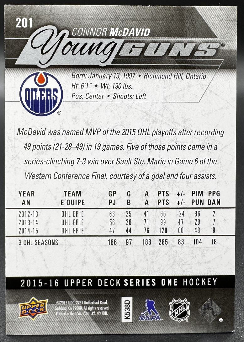 2015-16 UD Series 1 Young Guns Connor McDavid 201 Edmonton Oilers RC