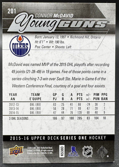 2015-16 UD Series 1 Young Guns Connor McDavid 201 Edmonton Oilers RC