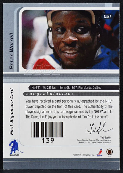 2002-03 Be a Player Signature Series Auto Peter Worrell 061 Panthers Auto 7662