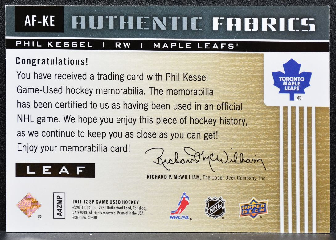 2011-12 SP Game Used Authentic Fabrics Phil Kessel AF-KE Maple Leafs Jersey 5529
