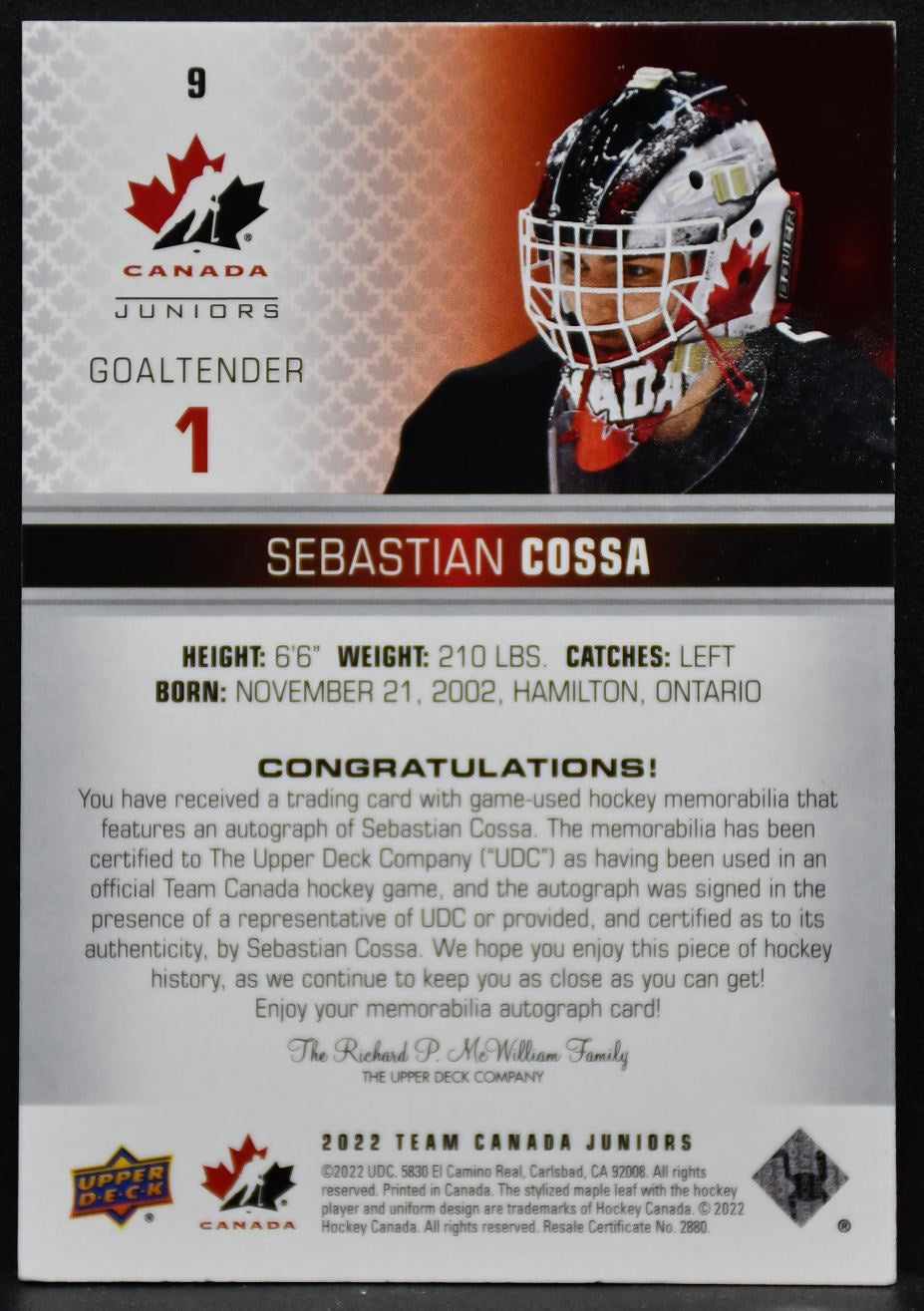 2022-23 UD Team Canada Juniors Premium Material Auto Sebastian Cossa 9 177/199