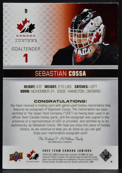 2022-23 UD Team Canada Juniors Premium Material Auto Sebastian Cossa 9 177/199