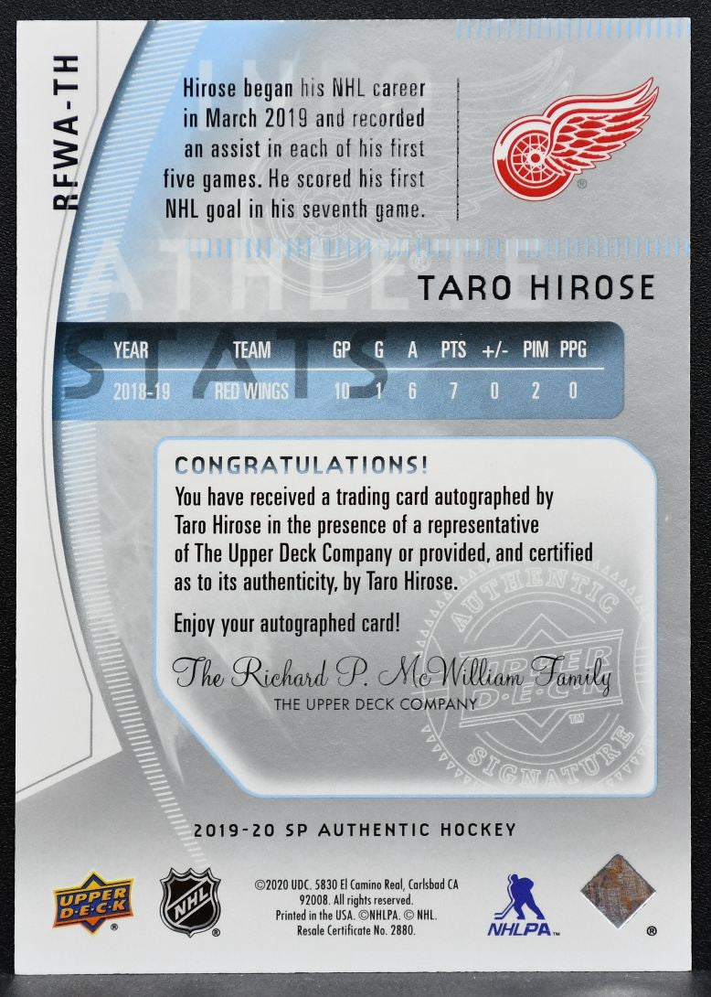 2019-20 SP Authentic Retro Future Watch Auto Taro Hirose Red Wings RC Auto 2126