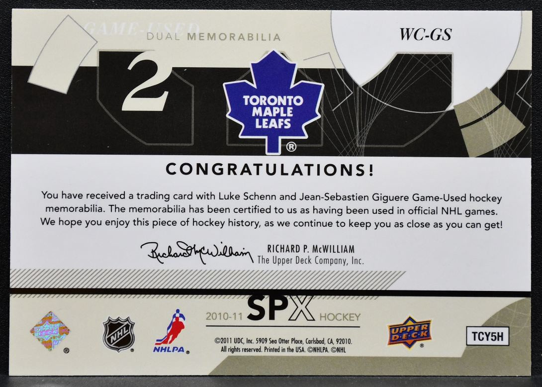 2010-11 SPx Winning Combos Giguere/Schenn Maple Leafs Jersey 4831