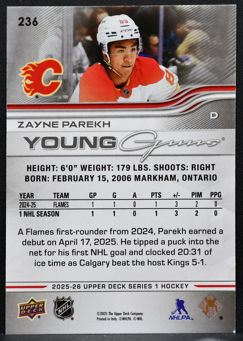 2025-26 Upper Deck Series 1 Young Guns Zayne Parekh 236 Calgary Flames RC 1808