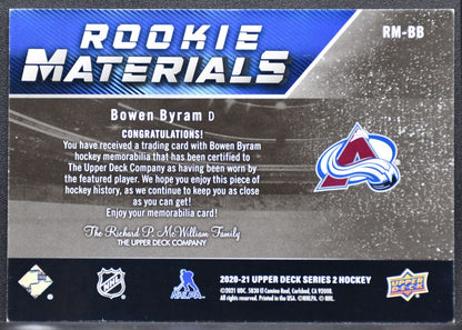 2020-21 UD Series 2 Rookie Materials Bowen Byram RM-BB Avalanche RC Jersey 3025