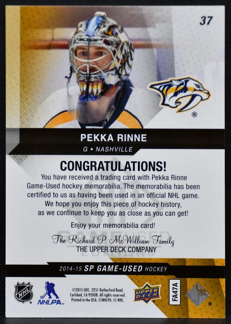 2014-15 SP Game Used Gold Jerseys Pekka Rinne 37 Nashville Predators Jersey 5422