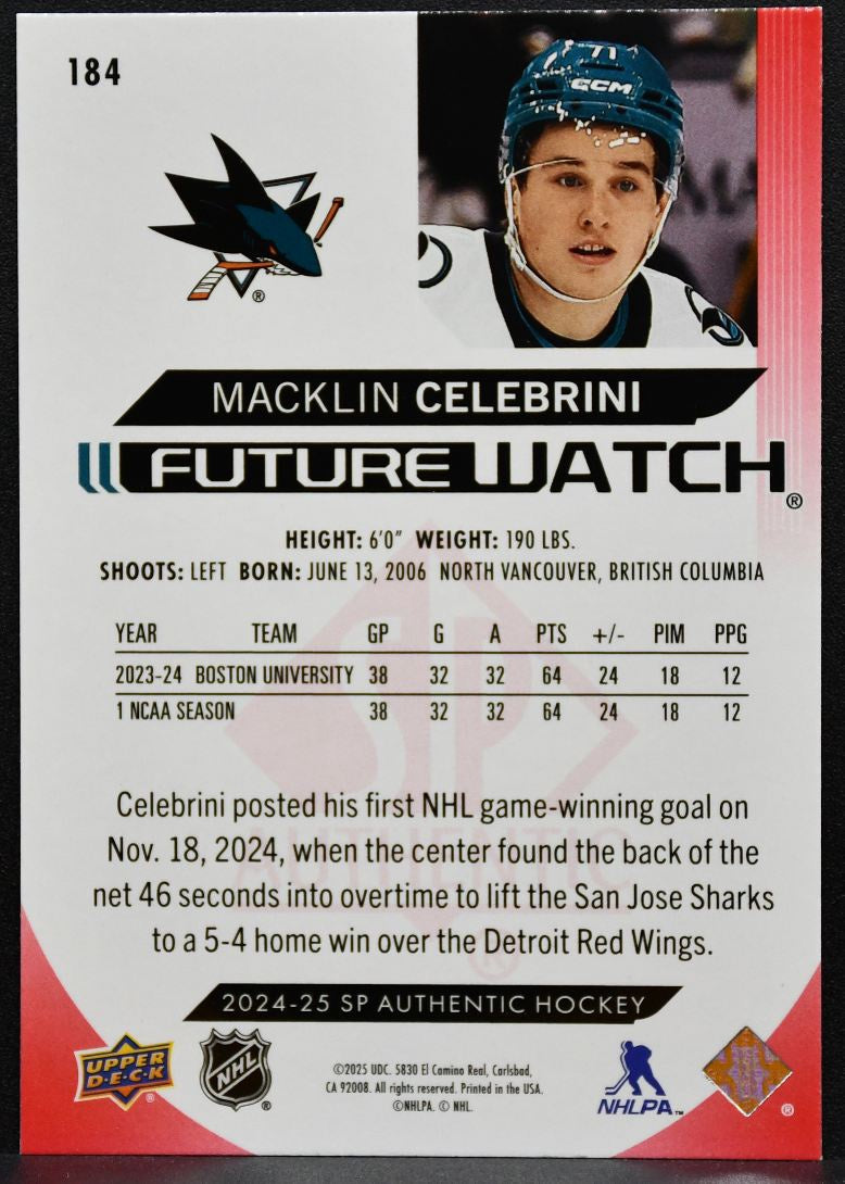 2024-25 SP Authentic Future Watch Limited Red Macklin Celebrini Sharks RC 5329
