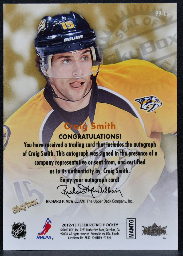 2012-13 Fleer Retro Autographics 1999 Craig Smith 99-CS Predators Auto 1684