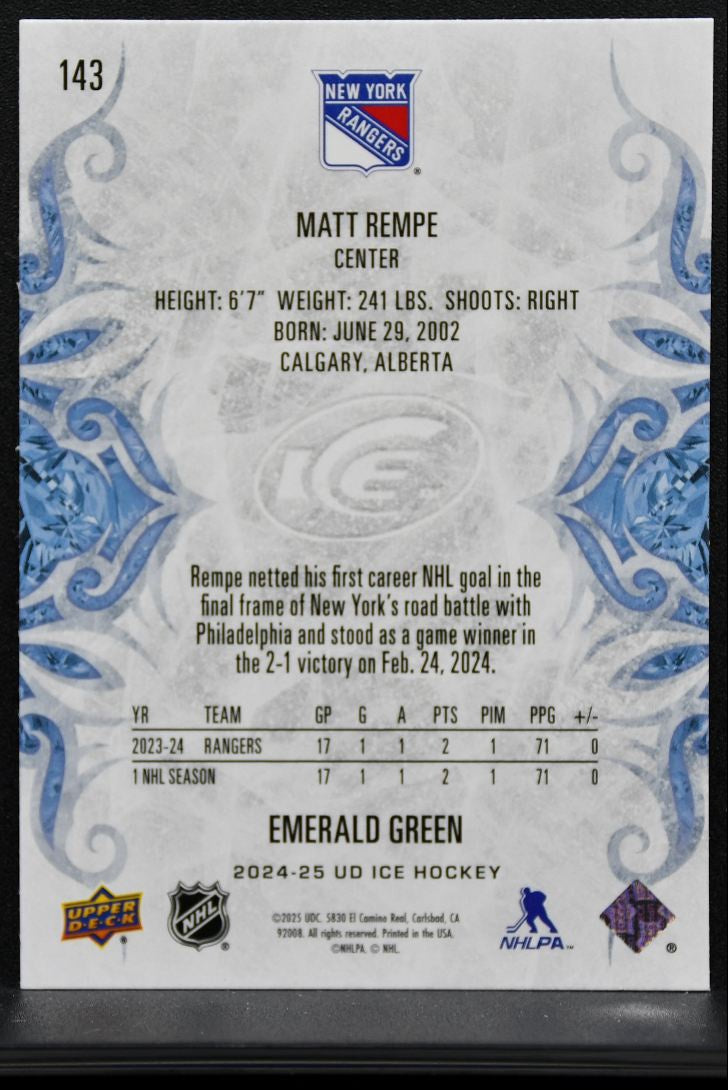 2024-25 Upper Deck Rookie Ice Emerald Green Matt Rempe New York Rangers RC 9379