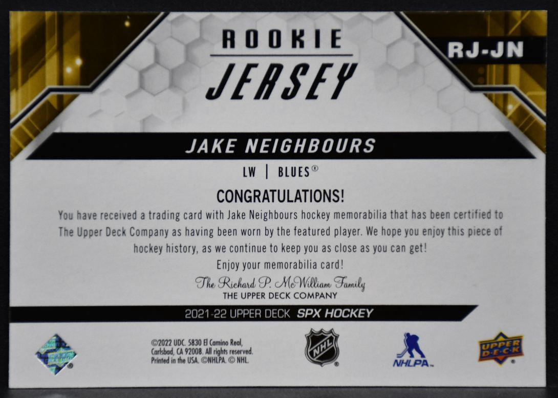 2021-22 SPx Rookie Jersey Jake Neighbours RJ-JN St. Louis Blues RC Jersey 2660