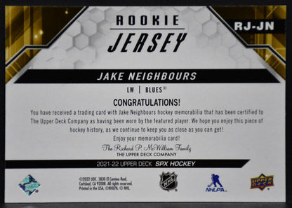2021-22 SPx Rookie Jersey Jake Neighbours RJ-JN St. Louis Blues RC Jersey 2660