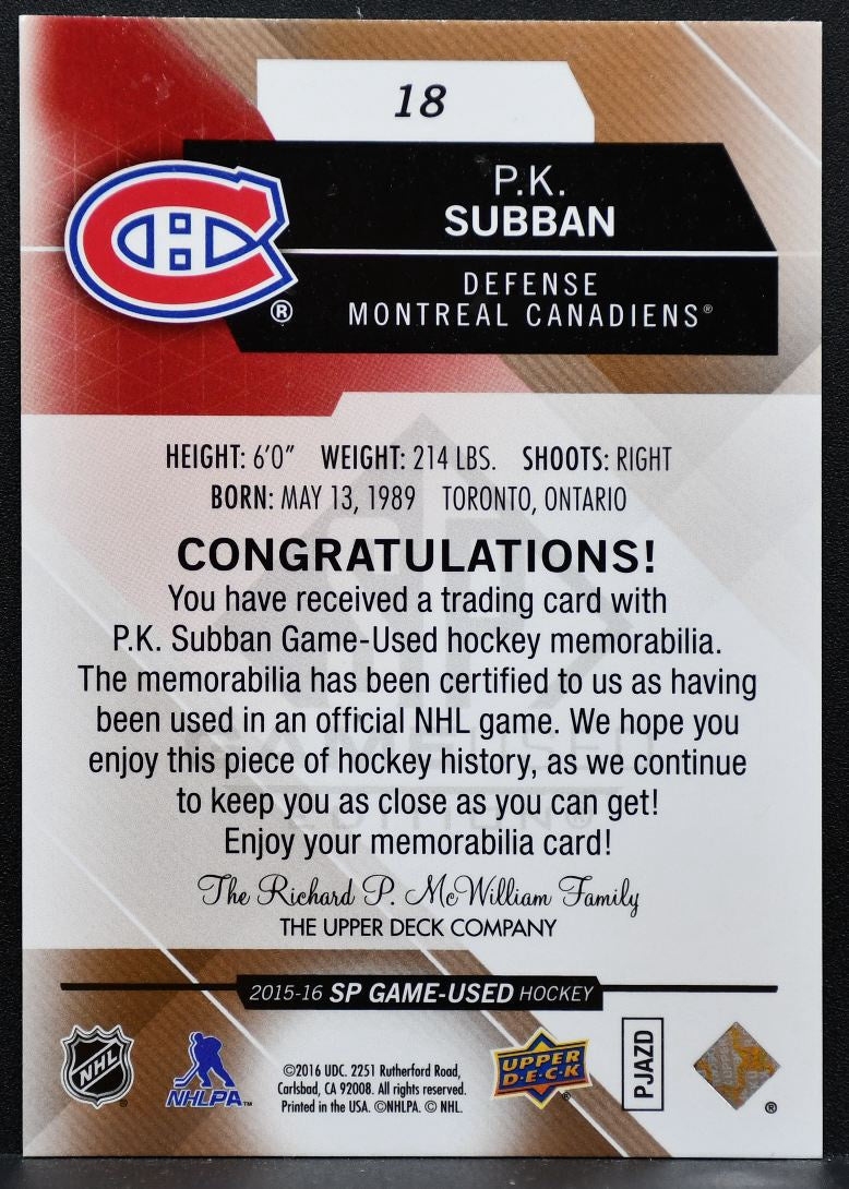 2015-16 SP Game Used Jersey P.K. Subban 18 Montreal Canadiens Jersey 9822