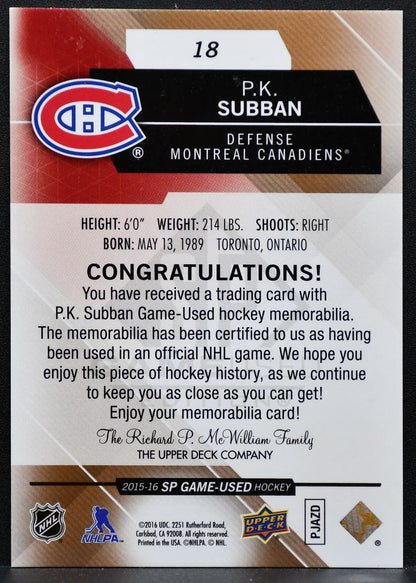 2015-16 SP Game Used Jersey P.K. Subban 18 Montreal Canadiens Jersey 9822