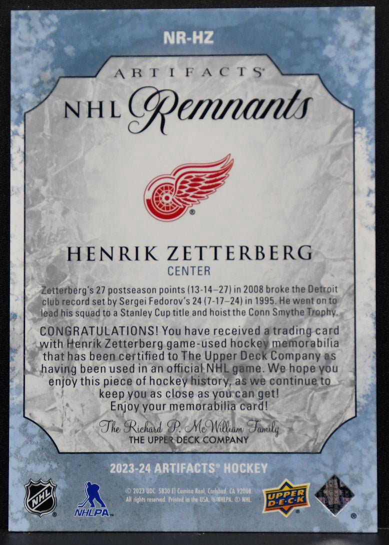 2023-24 Upper Deck Artifacts NHL Remnants Henrik Zetterberg NR-HZ Jersey 8722