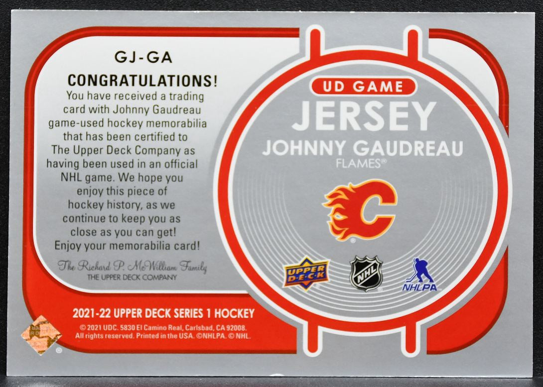 2021-22 Upper Deck Series 1 UD Game Jersey Johnny Gaudreau Flames Jersey 3325