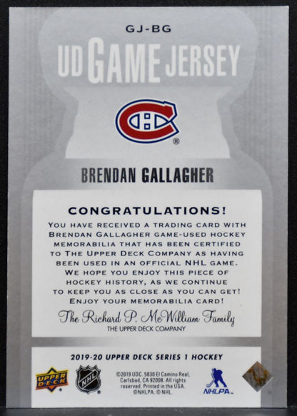 2019-20 UD Series 1 UD Game Jersey Brendan Gallagher GJ-BG Canadiens Jersey 8567