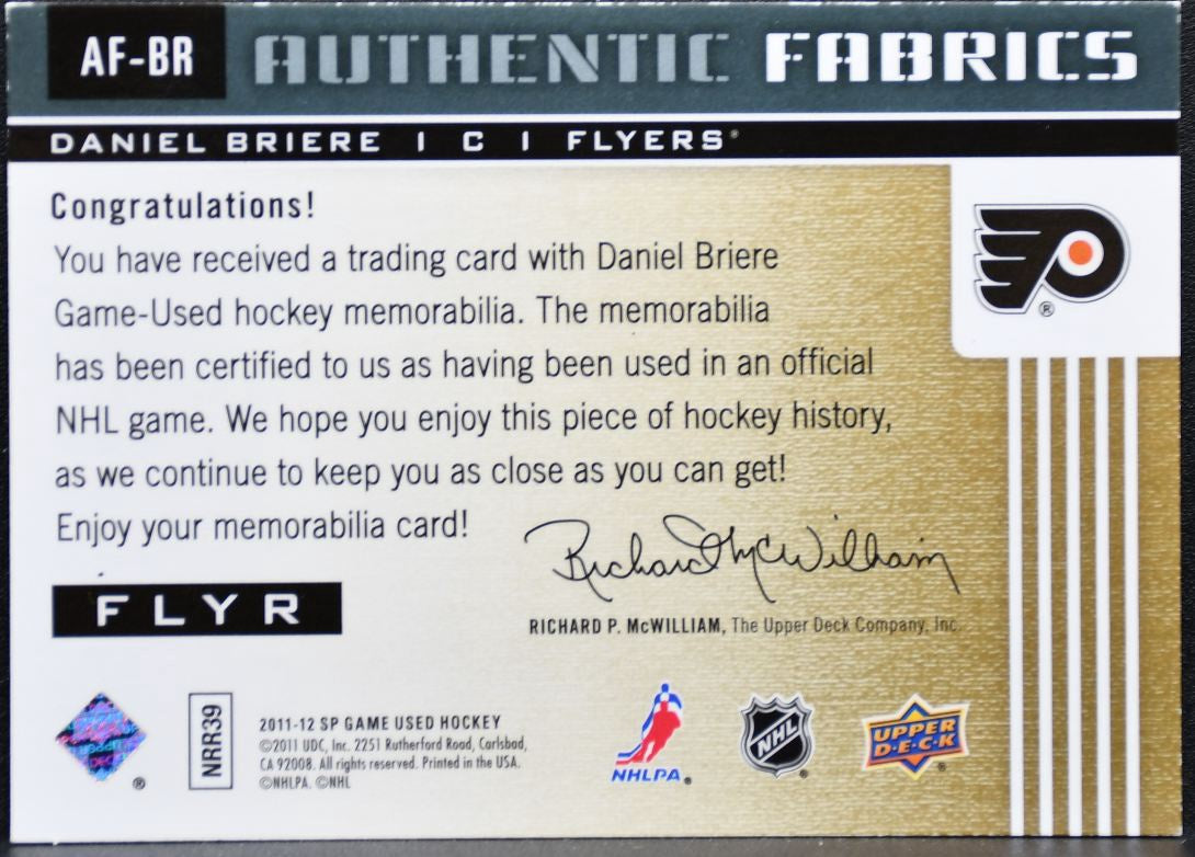 2011-12 SP Game Used Authentic Fabrics Daniel Briere AF-BR Flyers Jersey 2746