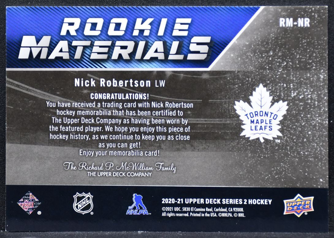 2020-21 Upper Deck Rookie Materials Nick Robertson RM-NR RC Jersey 9132