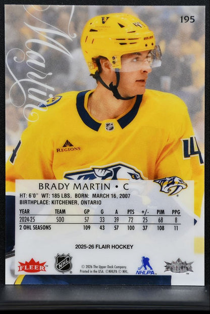2025-26 Flair Rookie Brady Martin 195 Nashville Predators RC 4441