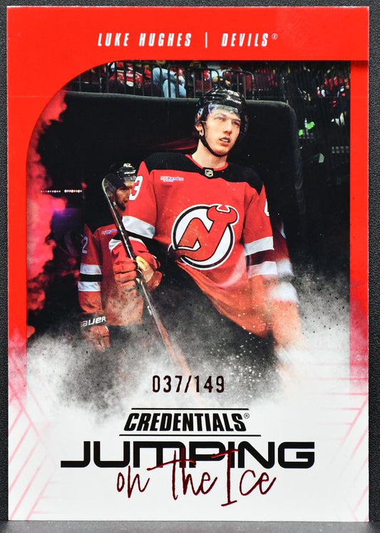 24-25 UD Credentials Jumping on the Ice Red Luke Hughes JI-LH Devils 037/149 8082