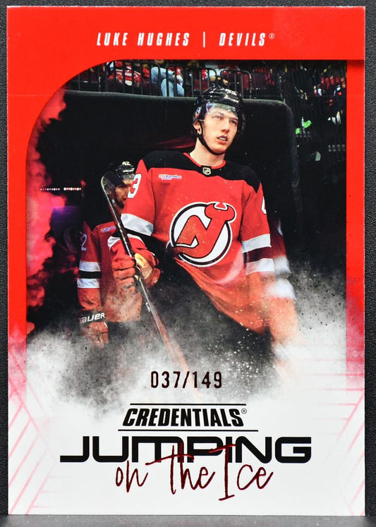 24-25 UD Credentials Jumping on the Ice Red Luke Hughes JI-LH Devils 037/149 8082