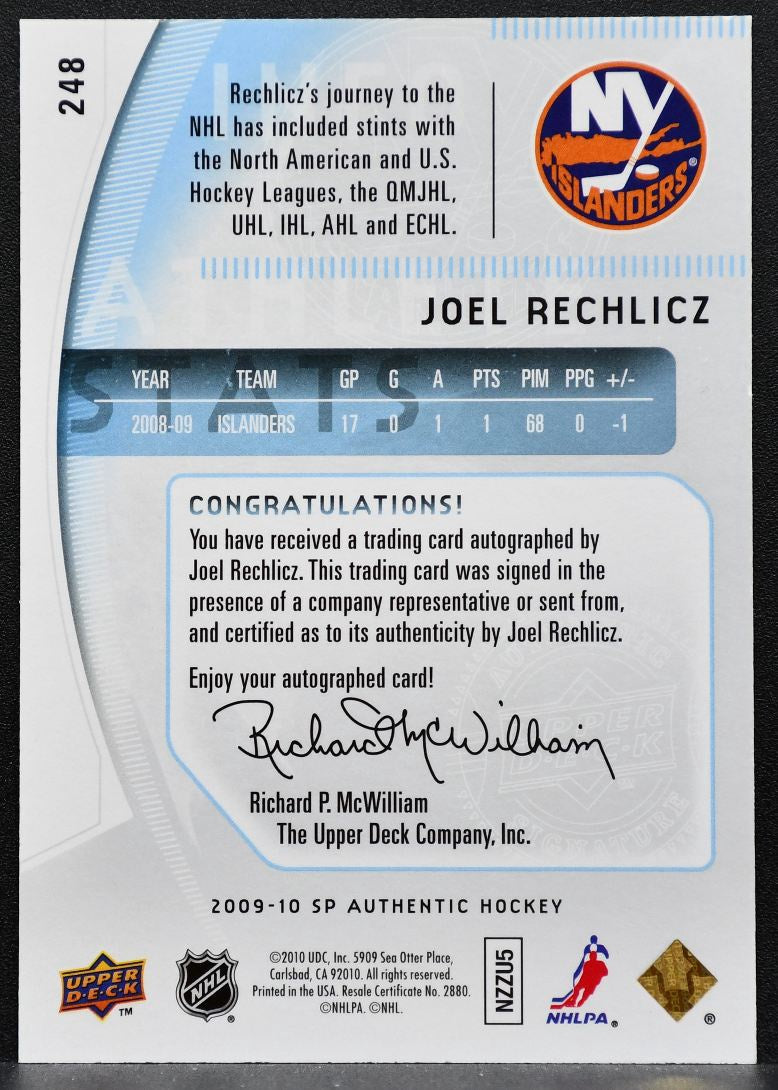 2009-10 SP Authentic Future Watch Auto Joel Rechlicz Islanders RC Auto 1238