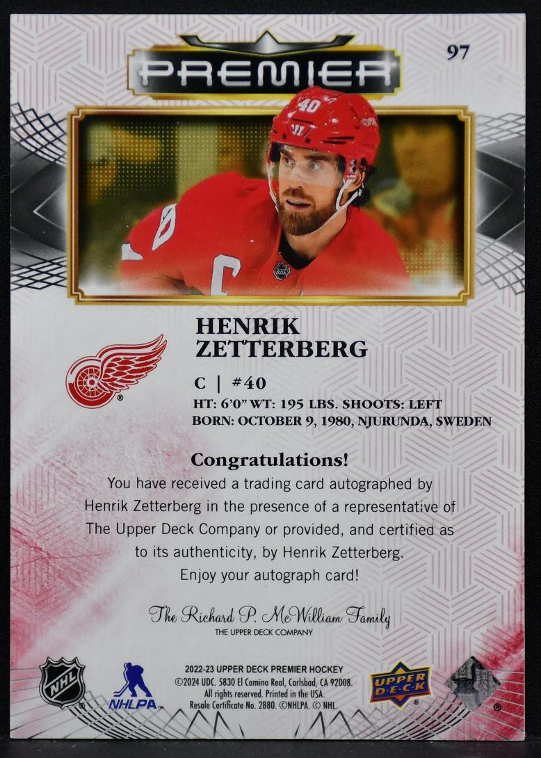 2022-23 UD Premier Auto Henrik Zetterberg 97 Edmonton Oilers Auto