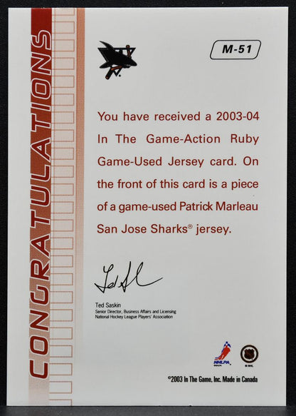 2003-04 In The Game Action Ruby Jerseys Patrick Marleau M-51 Sharks Jersey 1618