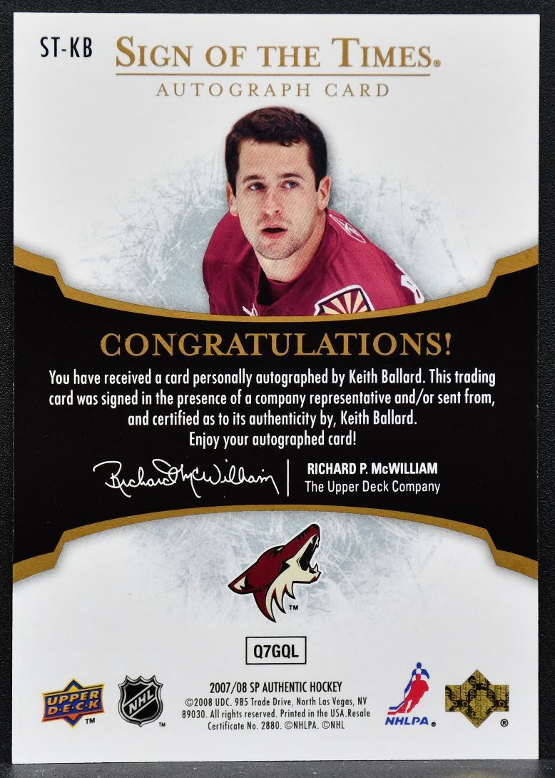 2007-08 SP Authentic Sign of the Times Keith Ballard ST-KB Auto 2699