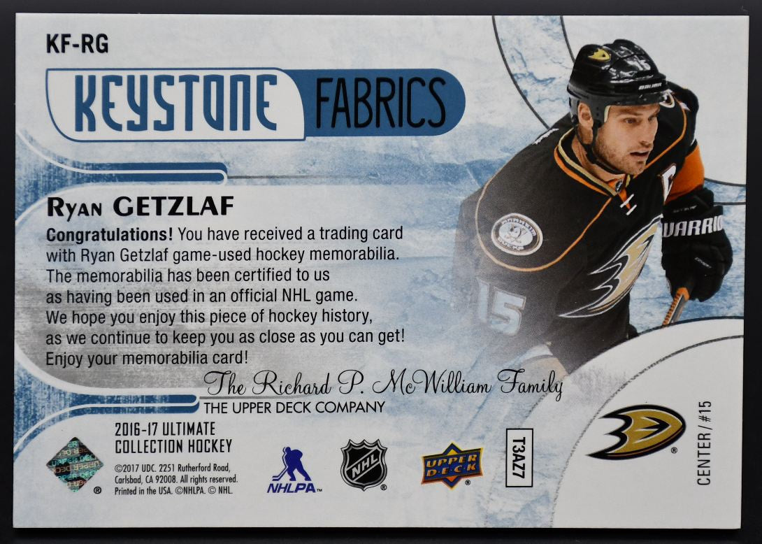 2016-17 UD Ultimate Collection Keystone Fabrics Gold Getzlaf KF-RG 29/49 Patch