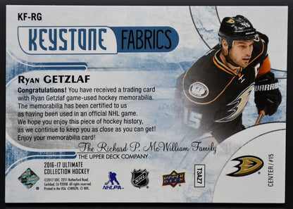 2016-17 UD Ultimate Collection Keystone Fabrics Gold Getzlaf KF-RG 29/49 Patch