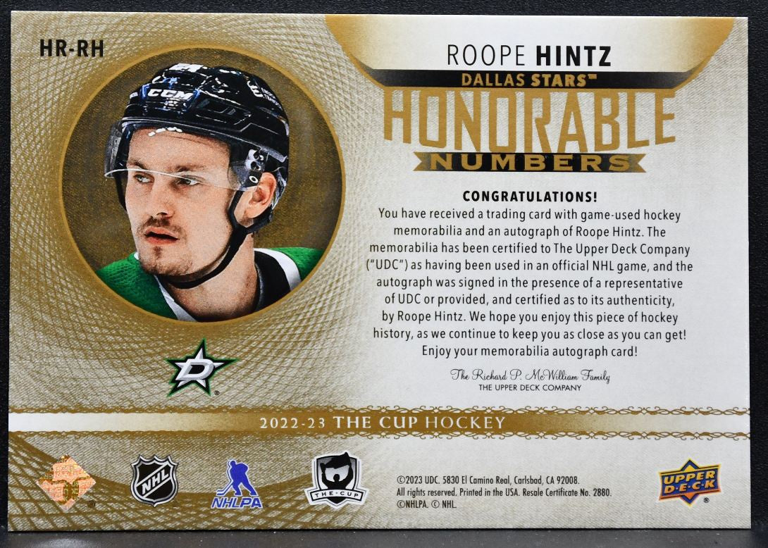 2022-23 UD The Cup Honorable Numbers Roope Hintz Stars Auto 66/72 Patch 5732