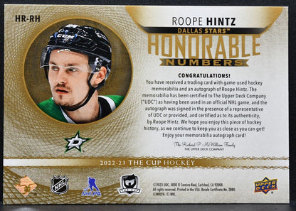 2022-23 UD The Cup Honorable Numbers Roope Hintz Stars Auto 66/72 Patch 5732