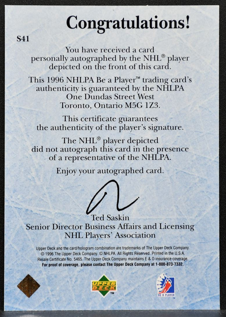 1996-97 Upper Deck Be A Player Auto Trevor Linden S41 Canucks Auto 9426