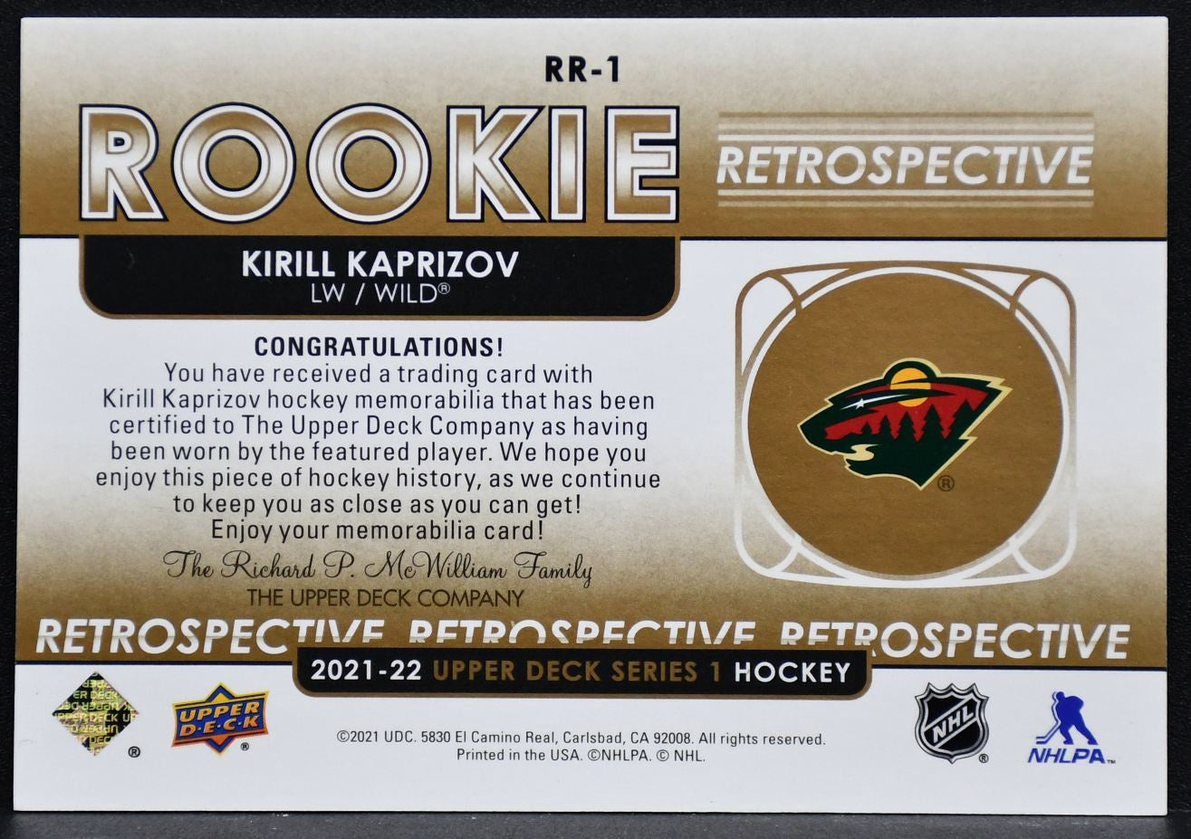 2021-22 UD Rookie Retrospective Kirill Kaprizov RR-1 Minnesota Wild RC Jersey