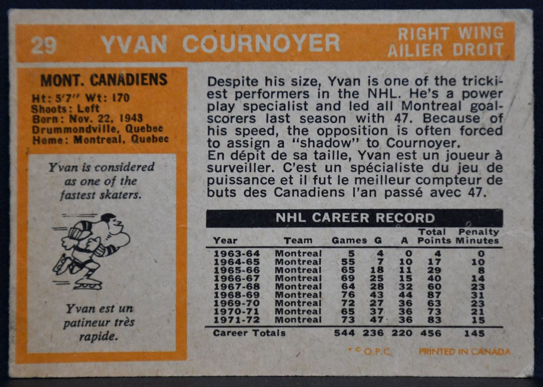 1972-73 O-Pee-Chee Yvan Cournoyer 29 Montreal Canadiens 6262