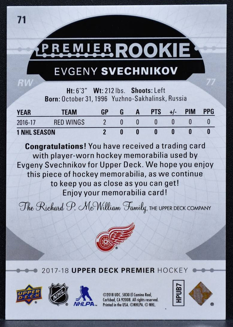 2017-18 UD Premier Rookie Jerseys Evgeny Svechnikov 71 Red Wings RC Jersey 4928
