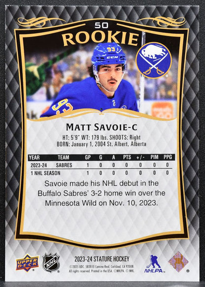 2023-24 Upper Deck Stature Rookie Auto Matt Savoie 50 Sabres RC 588/999 8563