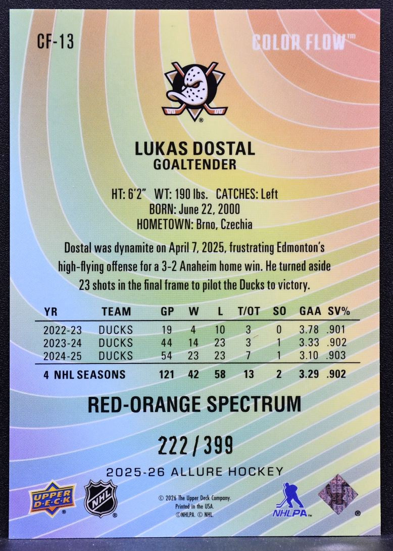 2025-26 UD Allure Color Flow Red Orange Spectrum Lukas Dostal Ducks 222/399 7771