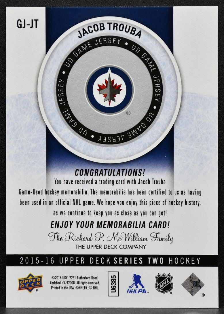 2015-16 Upper Deck Series 2 Game Jersey Jacob Trouba GJ-JT Winnipeg Jets 4367