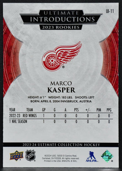 23-24 UD Ultimate Collection Introductions RCs Marco Kasper UI-11 Red Wings RC 6422