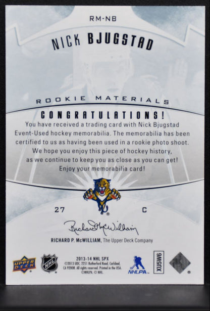 2013-14 SPx Rookie Materials Nick Bjugstad RM-NB Florida Panthers RC Jersey 0987