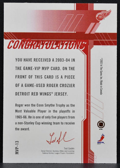 2003-04 In The Game VIP MVP Roger Crozier MVP-13 Detroit Red Wings Jersey 1151