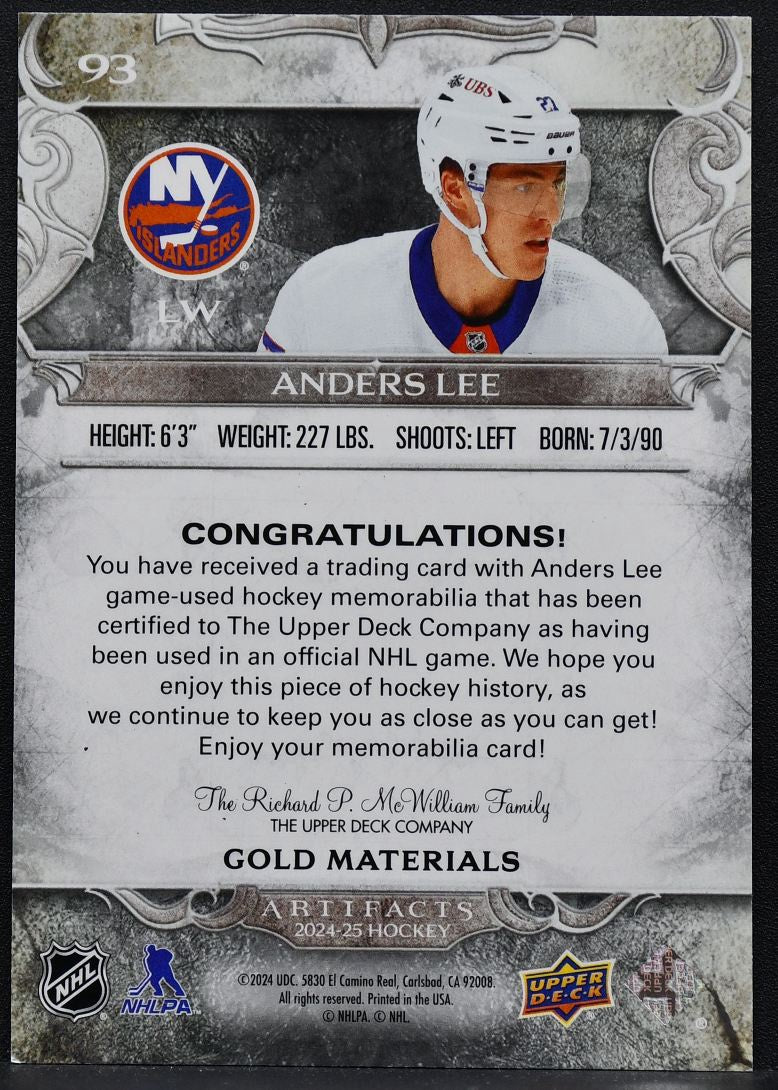 24-25 UD Artifacts Gold Materials Anders Lee 93 New York Islanders /299 Jersey 7277