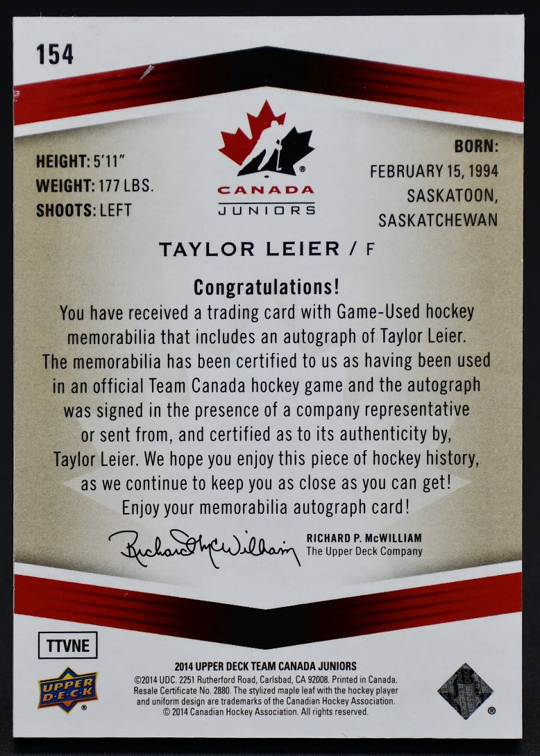 2014-15 UD Team Canada Juniors Game Worn Auto Patch Leier Auto 014/199 Patch